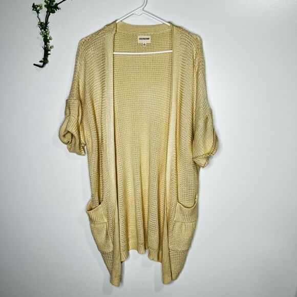 La La Factory Cream Short Sleeve Roll Cuff Long Open Front Oversized Cardigan Sw - Picture 1 of 9